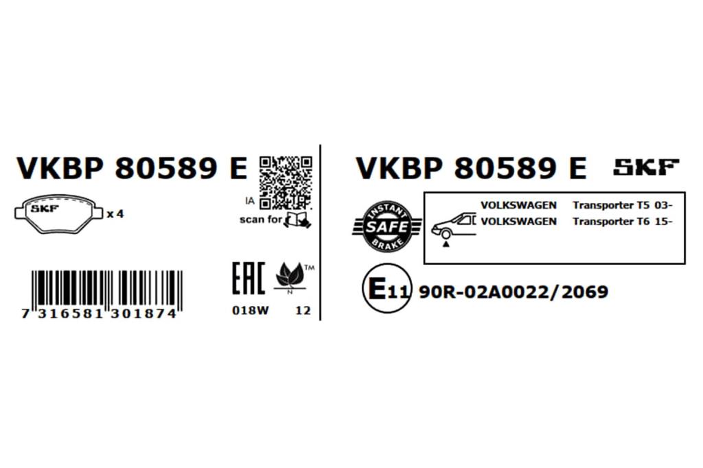 Jeu de 4 plaquettes de frein SKF ref. VKBP 80589 E